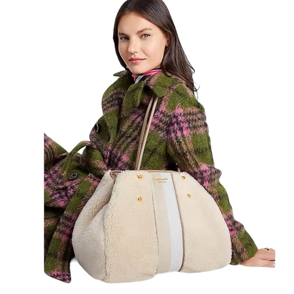 ♠️kate spade Everything Racing Stripe Faux Shearling Fur Large Tote, Cream, NWT - Picture 16 of 16